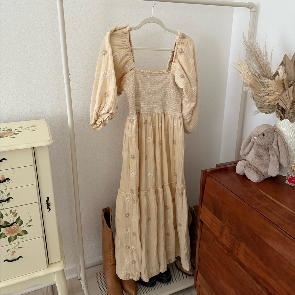 Free People Dahlia Embroidered Elegant Cream Bohemian Maxi Dress